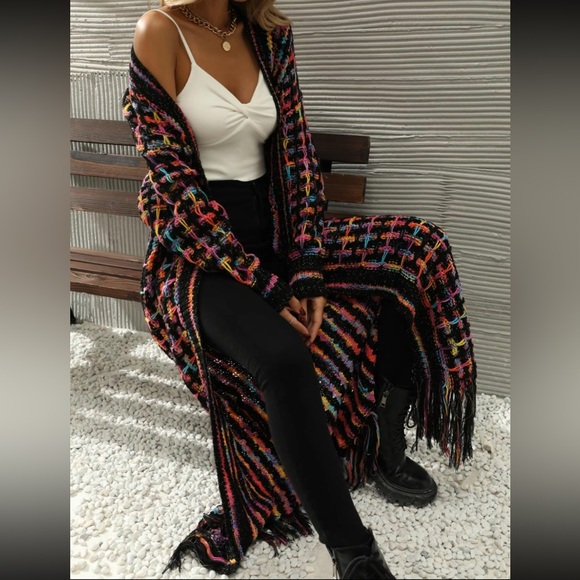 Luxe Plus Size Long Plaid Color Fringed Hem Knit Cardigan Duster Sweater - Picture 2 of 7